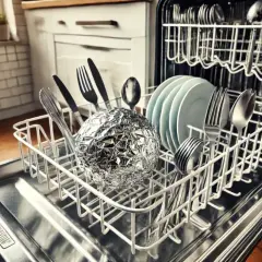 En boll av aluminiumfolie i diskmaskinen, omgiven av bestick och tallrikar.