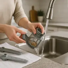 Rengör diskmaskinens filter under kranen. En ren filter ger bättre resultat när du diskar termosar.