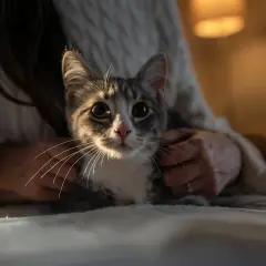 En söt kattunge med stora ögon tittar fram mellan någons händer. Ett perfekt ögonblick för att adoptera katt.