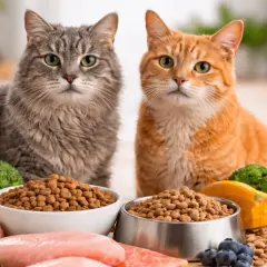 Två katter, en grå och en orange, sitter framför skålar med torrfoder. Runtomkring finns rått kött, broccoli och blåbär. Detta kan vara den bästa kattmaten för äldre katter.