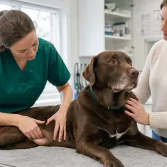 Veterinär undersöker en brun hund med svullen mage. Ägaren tröstar hunden som dricker mycket.