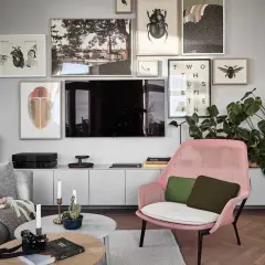 En modern inredning där man valt att placera tv:n centrerat på väggen, omgiven av konst med insekter och en stadsvy.