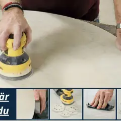 Man polerar marmor med en excenterslip. Bilden visar steg för steg hur man gör för att få en blank yta.