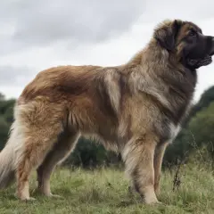 En ståtlig leonberger hund står i en grönskande äng med en molnig himmel ovanför.