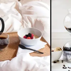 En fransk presskanna och en sifonbryggare visar hur man kan koka kaffe på spis för en lyxig frukost.