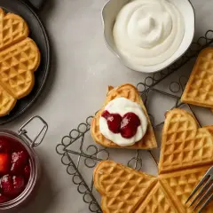 Hjärtformade våfflor, vispad grädde och sylt. Enkel våffelsmet ger dessa gyllene godsaker.