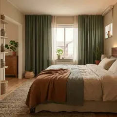Mysigt sovrum med sängkläder i linne, trädetaljer och gröna gardiner. Perfekt sovrum inspiration för ett lugnt hem.
