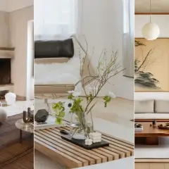 Tre olika rum som visar japansk inredningsstil: en lounge med öppen spis, ett modernt vardagsrum med blommor och en minimalistisk sittgrupp med tatamimattor.