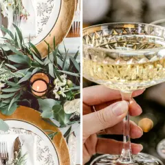 Vacker nyårsdukning med guldiga detaljer, gröna blad och levande ljus. Två glas champagne höjs för en skål.