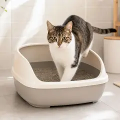 En katt kliver ur en snygg kattlåda.