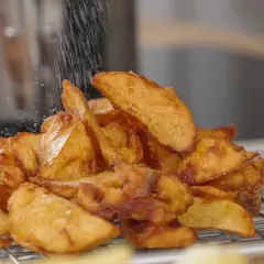 Krispiga pommes frites, perfekt frityr temp, strös salt över en hög gyllene potatisklyftor på ett galler.