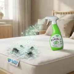 En grön sprayflaska med "Bed Probiotic" sprutar på en madrass där man kan se kvalster.