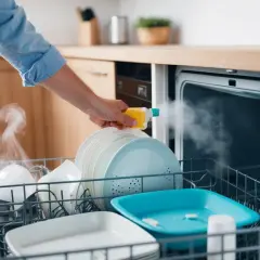 En hand sprutar en produkt i en diskmaskin fylld med disk. Ånga stiger från disken.
