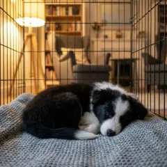 En söt valp sover tryggt hopkurad på en mjuk filt i sin bur. Bakom gallret syns ett mysigt rum med bokhylla och fåtöljer.