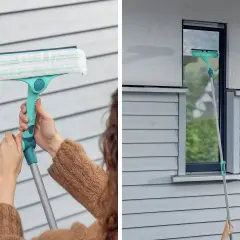 En person använder en fönsterputs med teleskopskaft för att rengöra ett fönster. Detta är den bästa fönsterputs för att få skinande rena fönster.