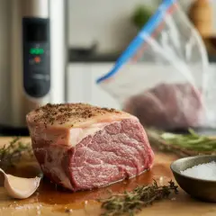 Rå köttbit med kryddor, vitlök och örter. En sous vide-maskin och en vakuumpåse syns i bakgrunden, vilket ger en ledtråd om vad betyder sous vide.