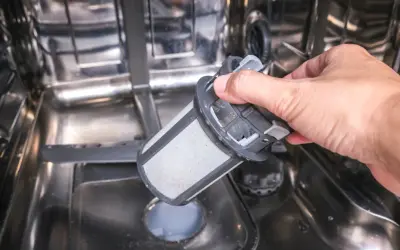En hand tar ut ett smutsigt filter ur en diskmaskin. Ja, man kan diska rostfritt stål i diskmaskin, men filtret behöver rengöras.