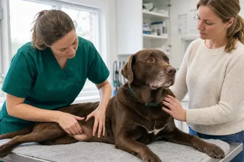 Veterinär undersöker en brun hund med svullen mage. Ägaren tröstar hunden som dricker mycket.