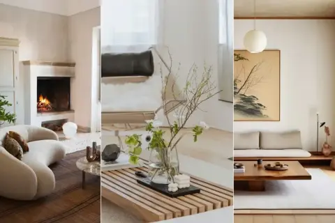 Tre olika rum som visar japansk inredningsstil: en lounge med öppen spis, ett modernt vardagsrum med blommor och en minimalistisk sittgrupp med tatamimattor.