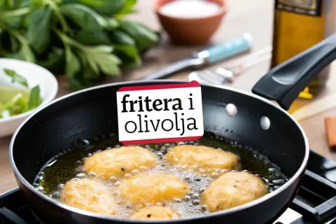 Fritera i kastrull: gyllene bitar bubblar i het olja. Gröna örter och olivolja i bakgrunden.