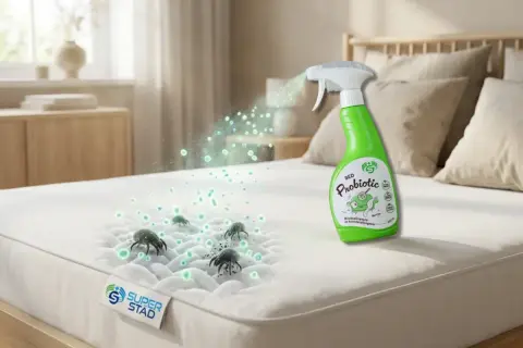En grön sprayflaska med "Bed Probiotic" sprutar på en madrass där man kan se kvalster.