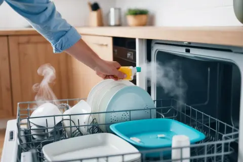 En hand sprutar en produkt i en diskmaskin fylld med disk. Ånga stiger från disken.