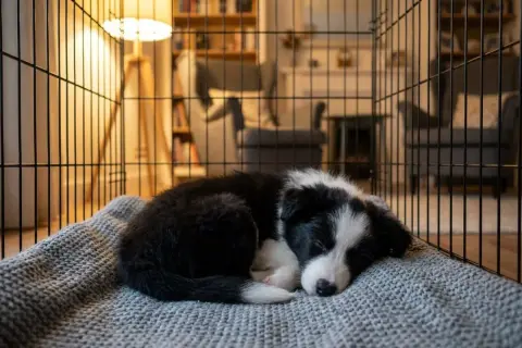 En söt valp sover tryggt hopkurad på en mjuk filt i sin bur. Bakom gallret syns ett mysigt rum med bokhylla och fåtöljer.