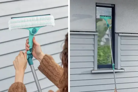 En person använder en fönsterputs med teleskopskaft för att rengöra ett fönster. Detta är den bästa fönsterputs för att få skinande rena fönster.