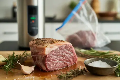 Rå köttbit med kryddor, vitlök och örter. En sous vide-maskin och en vakuumpåse syns i bakgrunden, vilket ger en ledtråd om vad betyder sous vide.