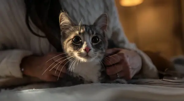 En söt kattunge med stora ögon tittar fram mellan någons händer. Ett perfekt ögonblick för att adoptera katt.