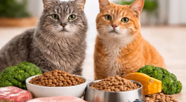 Två katter, en grå och en orange, sitter framför skålar med torrfoder. Runtomkring finns rått kött, broccoli och blåbär. Detta kan vara den bästa kattmaten för äldre katter.
