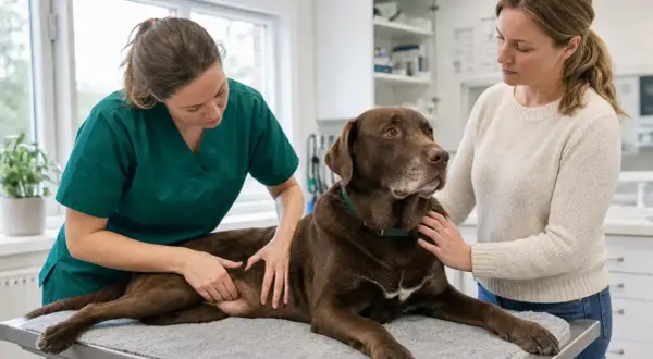 Veterinär undersöker en brun hund med svullen mage. Ägaren tröstar hunden som dricker mycket.