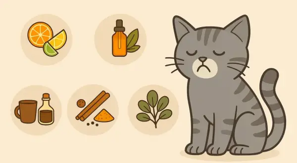 Grå katt sitter bredvid cirklar med apelsin, lime, olja, kanel och örter. Dessa är lukter som katter inte gillar.