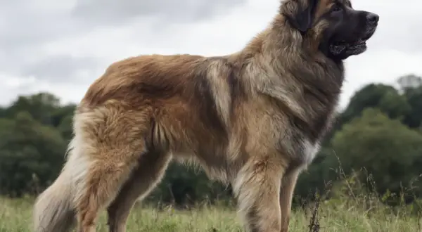 En ståtlig leonberger hund står i en grönskande äng med en molnig himmel ovanför.
