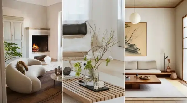 Tre olika rum som visar japansk inredningsstil: en lounge med öppen spis, ett modernt vardagsrum med blommor och en minimalistisk sittgrupp med tatamimattor.