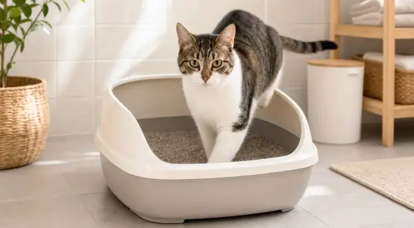 En katt kliver ur en snygg kattlåda.