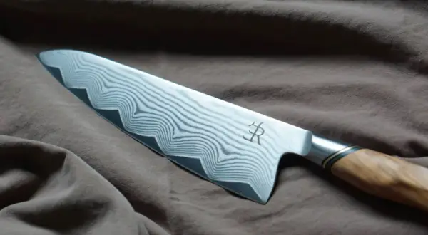 En vackert mönstrad kockkniv med damaskusstål, ett riktigt mästerverk och den bästa kniven för köket.