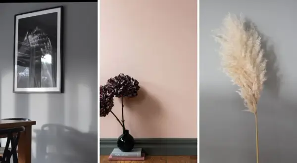 Triptyk med svartvit tavla, mörk hortensia i svart vas mot ljusrosa vägg och ett strå av pampasgräs. En inspirerande pastell inredning.