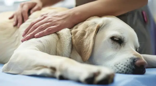 En hund med dyspné vilar på ett bord medan en person lugnande klappar den.