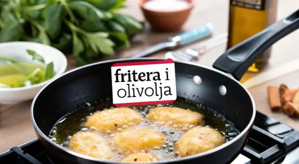Fritera i kastrull: gyllene bitar bubblar i het olja. Gröna örter och olivolja i bakgrunden.