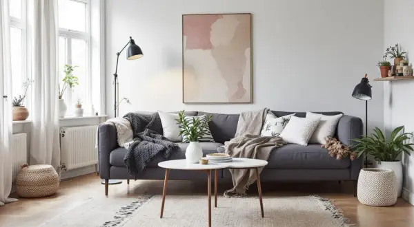 En mysig soffa med bohemisk inredning, kuddar, plädar och en abstrakt tavla.