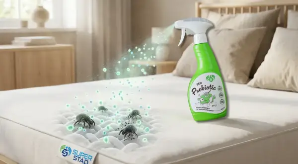En grön sprayflaska med "Bed Probiotic" sprutar på en madrass där man kan se kvalster.