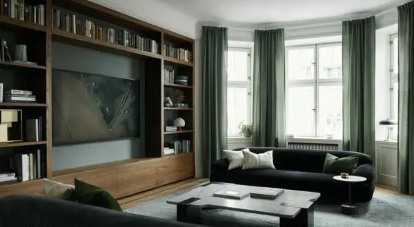 En elegant bokhylla med inbyggd TV och konst ger bokhylla inspiration till ett modernt vardagsrum med mörk soffa och gröna gardiner.