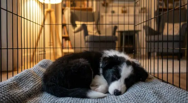 En söt valp sover tryggt hopkurad på en mjuk filt i sin bur. Bakom gallret syns ett mysigt rum med bokhylla och fåtöljer.