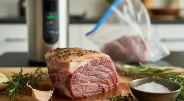 Rå köttbit med kryddor, vitlök och örter. En sous vide-maskin och en vakuumpåse syns i bakgrunden, vilket ger en ledtråd om vad betyder sous vide.