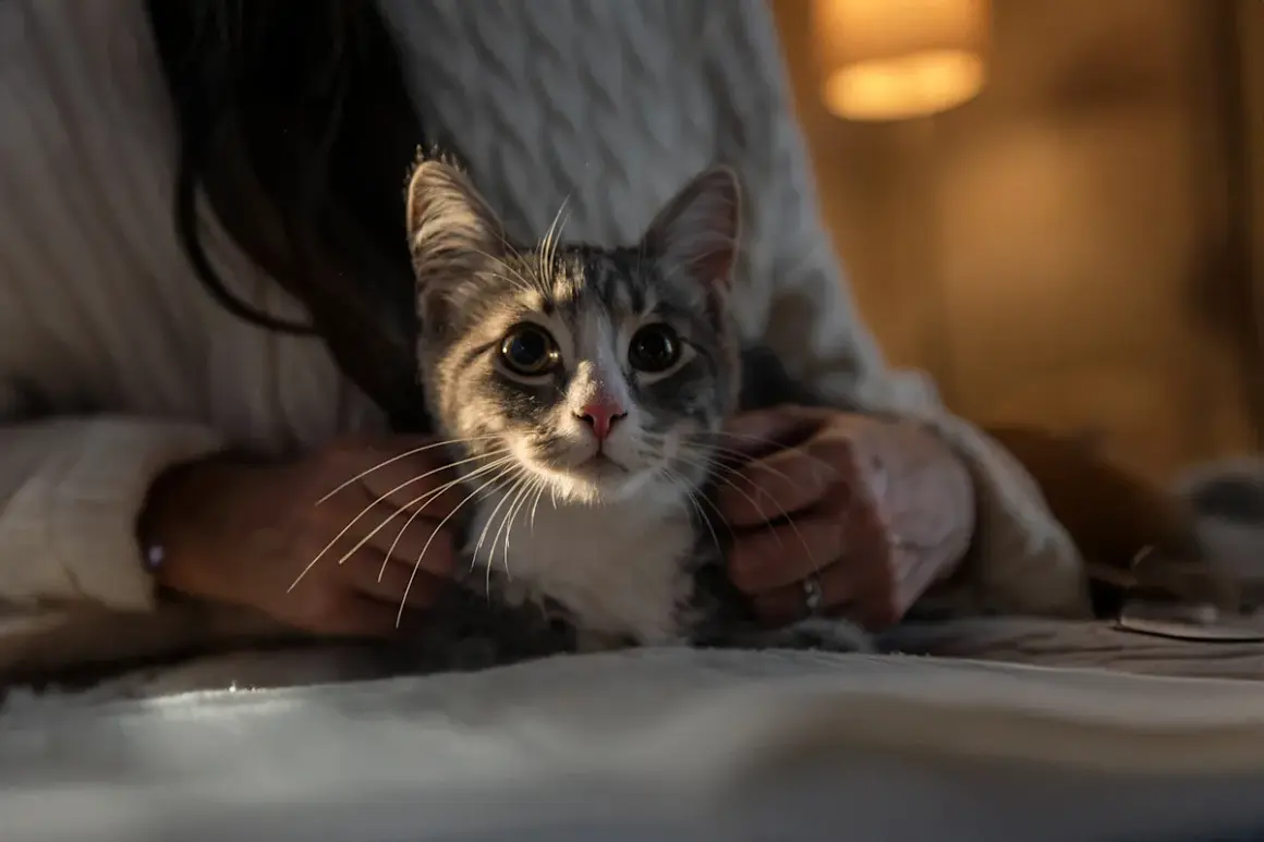 En söt kattunge med stora ögon tittar fram mellan någons händer. Ett perfekt ögonblick för att adoptera katt.