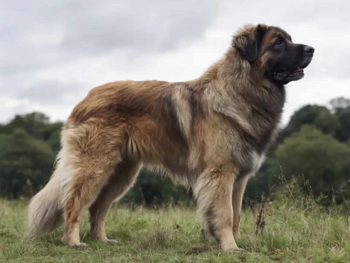 En ståtlig leonberger hund står i en grönskande äng med en molnig himmel ovanför.