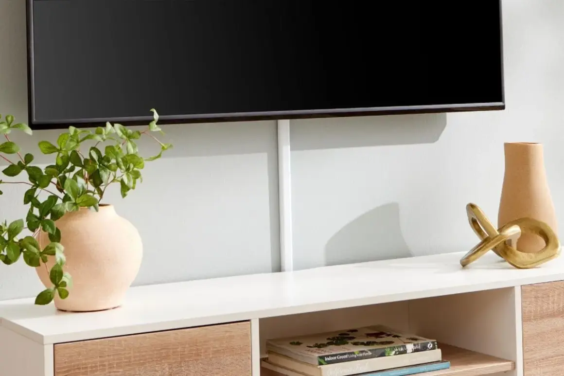 Snygg inredning tv-möbel med en vas, en guldig skulptur och böcker. Kabellisten ger ett rent intryck.