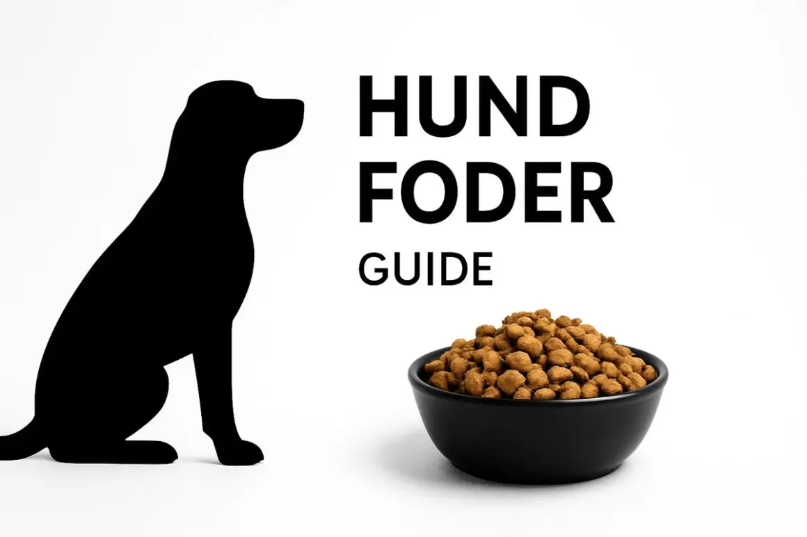 Sittande hundsilhuett bredvid en skål med hundfoder. Texten "HUND FODER GUIDE" syns.