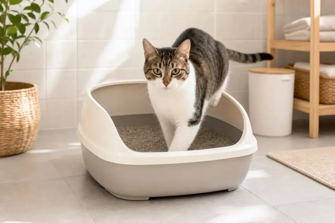 En katt kliver ur en snygg kattlåda.